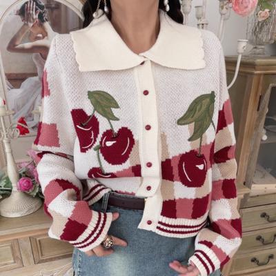 Vintage embroidered cherry polo collar button cardigan cropped sweater knitwear