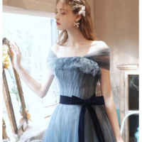 Bluish Grey Off Shoulder Long Evening Dress - Thumbnail 4