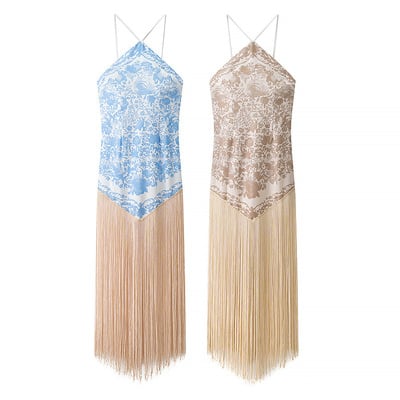 Design halterneck shiny tassel dress