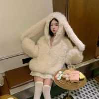 Kawaii Thickened Loose Winter Jacket with Cute Rabbit Ears - Thumbnail 1