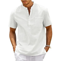 Men’s Cotton Linen Henley Shirt – Casual Short Sleeve Beach Top with Pocket - Thumbnail 6