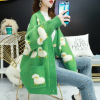 Cartoon Sheep Loose Cardigan Cozy Knit Sweater with Pockets - Thumbnail 6