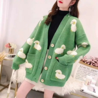 Cartoon Sheep Loose Cardigan Cozy Knit Sweater with Pockets - Thumbnail 7