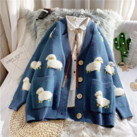 Cartoon Sheep Loose Cardigan Cozy Knit Sweater with Pockets - Thumbnail 8