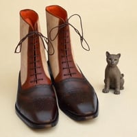 Crafted Leather Classic Men Beige Brown Suede Leather Shoes Ankle High Lace up Dress Boot - Thumbnail 2