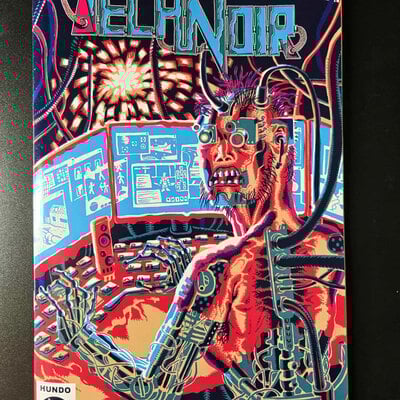 Tech noir double-page spread