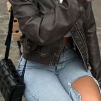 Women’s Vintage Washed Leather Jacket - Thumbnail 4
