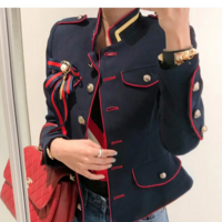 Navy Blue Women’s Vintage Stand Collar Jacket - Thumbnail 6