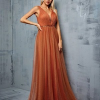 V-neck vest Metal mesh retraction splice sequin webbing long skirt Evening gown - Thumbnail 1