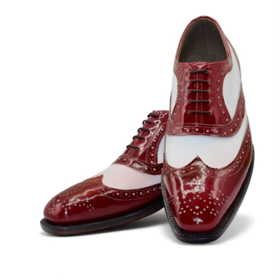 Crafted leather classic men burgundy white leather wingtip oxford lace up dress shoes