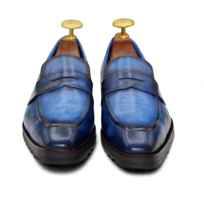 Crafted leather classic men blue leather moccasin loafers dress shoes