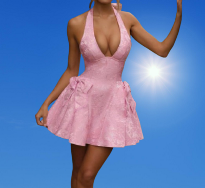 Sexy sleeveless halter neck jacquard V-neck jacquard bow celebrity style dress