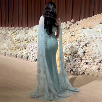  Luxury Dubai Aqua Lilac Mermaid Evening Dress with Cape Sleeve - Thumbnail 1