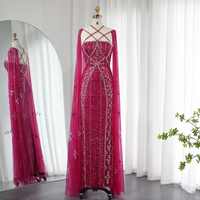  Luxury Dubai Aqua Lilac Mermaid Evening Dress with Cape Sleeve - Thumbnail 8
