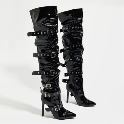 Punk style buckle strap over-the-knee black boots for women