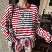 Sports striped suit round neck long sleeve loose mid-length long sleeve T-shirt + high waist shorts - Thumbnail 4