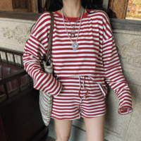 Sports striped suit round neck long sleeve loose mid-length long sleeve T-shirt + high waist shorts - Thumbnail 5