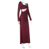 Solid color perspective stitching long sleeve slim sexy high waist dress - Thumbnail 5