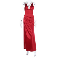 Satin V-neck waist slit dress with open back - Thumbnail 6