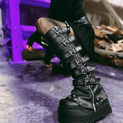 Gothic punk women’s black platform long boots - Thumbnail 1