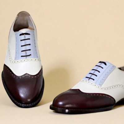 Crafted leather classic tri tone leather brown blue and white wingtip oxford dress shoes