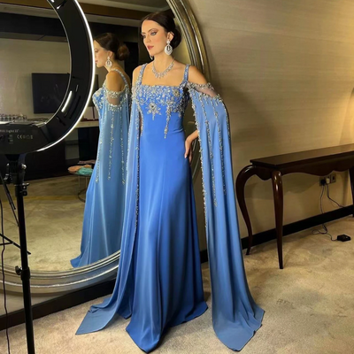 Striking Crystal Yelllow Luxury Arabic Evening Gown with Flowing Cape 