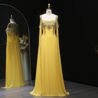Striking Crystal Yelllow Luxury Arabic Evening Gown with Flowing Cape  - Thumbnail 5