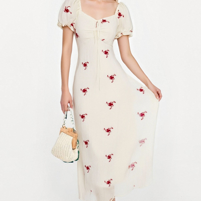 Romantic printed design a-line maxi dress holiday style slim fit dress