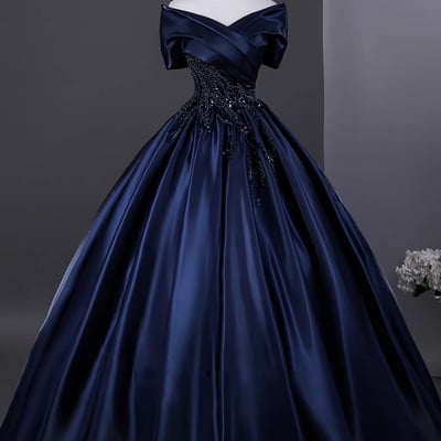 Navy satin beads long prom evening dress - Thumbnail 1