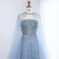 Sparkly Crystal Turquoise Luxury Dubai Evening Dress with Hooded Cape - Thumbnail 4