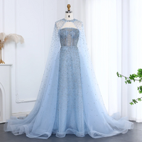 Sparkly Crystal Turquoise Luxury Dubai Evening Dress with Hooded Cape - Thumbnail 5