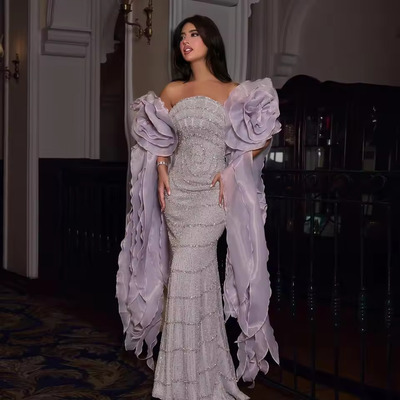 Luxury Mermaid Lilac Arabic Evening Dress Strapless Wedding Party Gowns