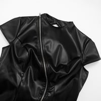 Solid color casual zipper short sleeve open back PU leather short dress - Thumbnail 1
