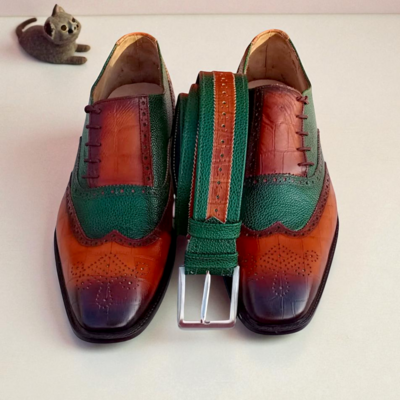 Crafted leather classic green grain tan crocodile/alligator leather side laces dress shoes