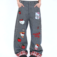 KITTY STRIPE SPLICING JEANS - Thumbnail 1