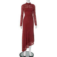 Lace-paneled gathered slim-fit long-sleeved slanted hem maxi skirt with inner layer - Thumbnail 9
