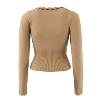 Retro khaki ruffled drawstring single-breasted long-sleeved sweater - Thumbnail 1
