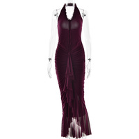 Solid color V-neck irregular hem halter neck pleated dress - Thumbnail 5