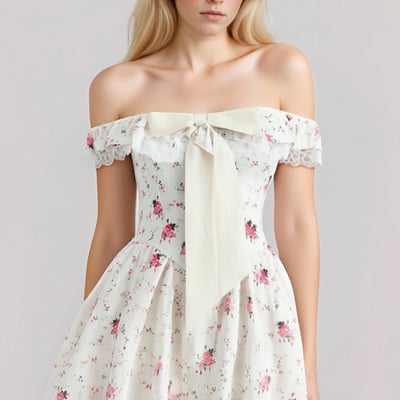 Sweet one-shoulder bow floral lace waist dress