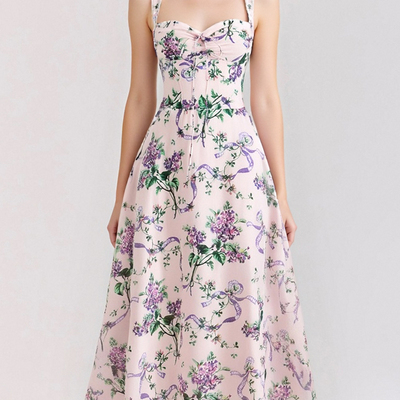 Sweet floral print suspender dress with waist-hugging a-line midi skirt