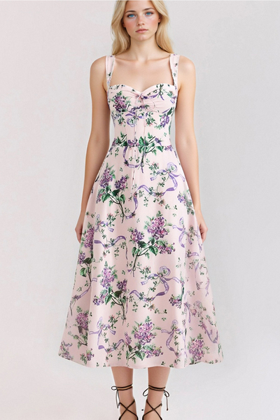 Sweet floral print suspender dress with waist-hugging A-line midi skirt
