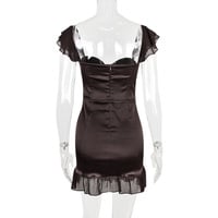 Satin Chiffon Spliced ​​Suspender Dress Square Neck One Shoulder Slim Short Skirt French Dress - Thumbnail 1