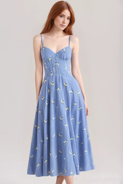 Romantic pastoral style retro blue small chrysanthemum mid-length dress women's suspender dress