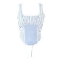 Square neck lace ruffled back tie slim striped vest - Thumbnail 1