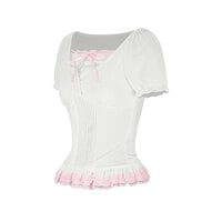 Sweet bow French lace short sleeves new 2025 summer bubble shirt slim fit T-shirt - Thumbnail 3