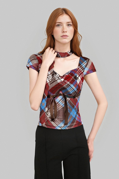 Top cover-up fashion sexy mesh print lace-up ultra-thin hot girl T-shirt