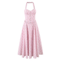 Pink floral sexy waist slimming backless halter neck dress - Thumbnail 1