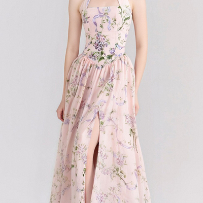 Fashionable and high-end french backless lace-up slit mid-length suspender dress