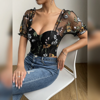 Fashion Mesh Flower Embroidery Design Puff Sleeve Crop top - Thumbnail 2