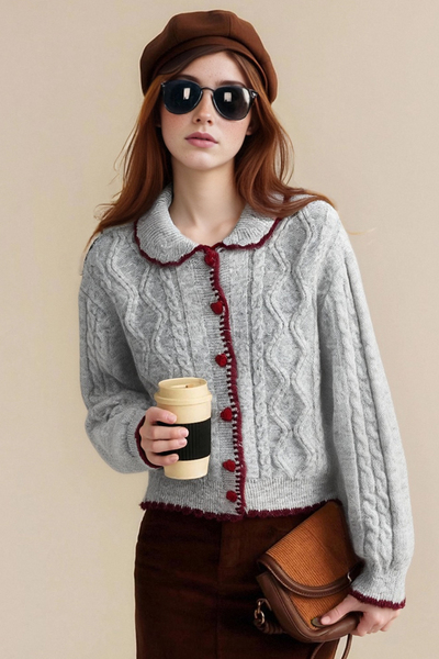Retro girl sweet girl casual contrast color patchwork heart button cardigan sweater